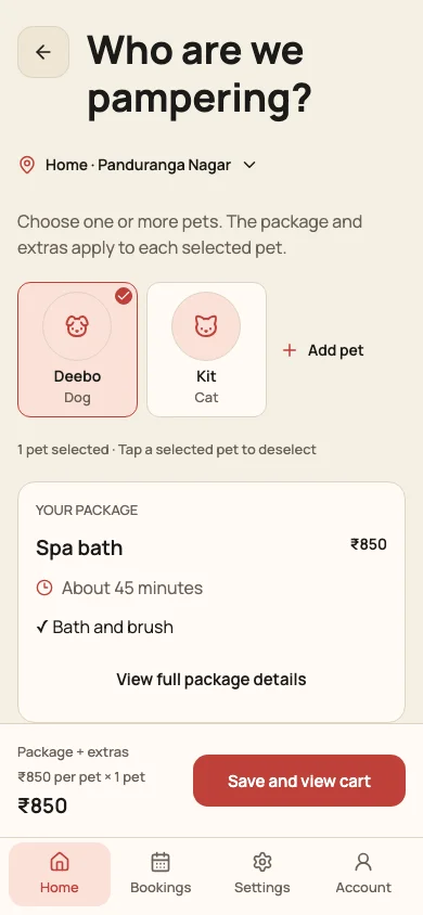 Booking app preview: choosing a pet for the appointment.