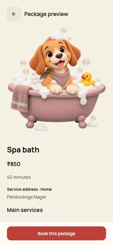 Booking app preview: comparing grooming packages.