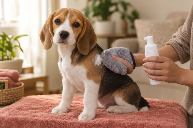 Dog being cleaned with foam and a grooming mitt.
