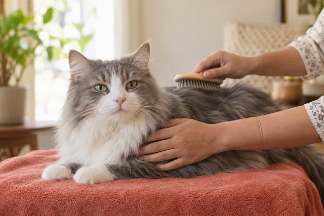Cat being brushed on a towel.