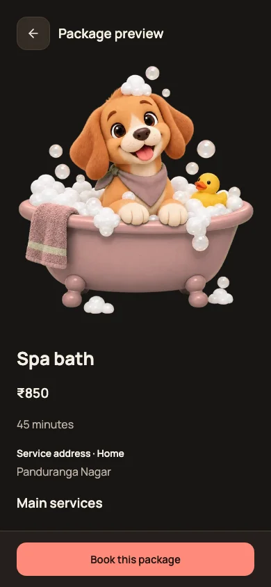 Booking app preview: comparing grooming packages.