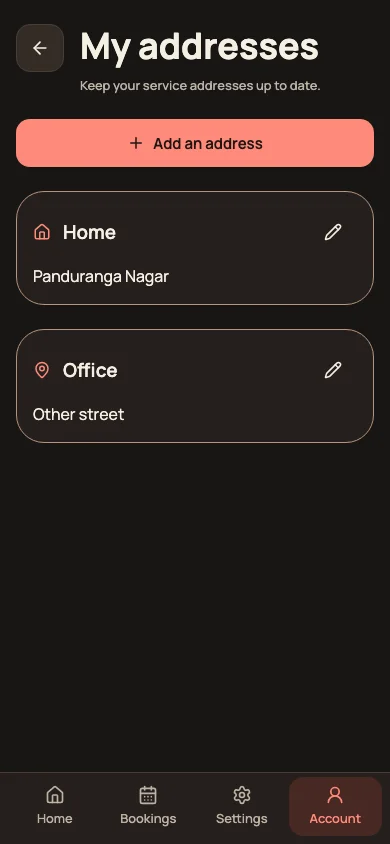 Booking app preview: choosing the address for a home grooming visit.