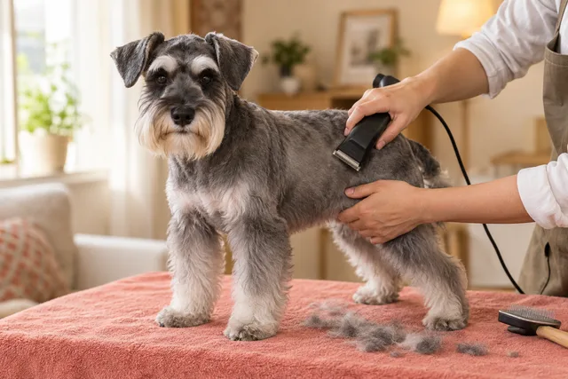 Dog having its body fur trimmed with clippers.