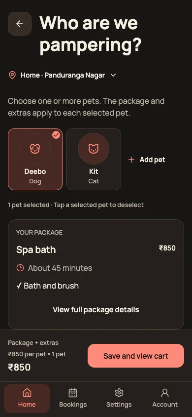Booking app preview: choosing a pet for the appointment.