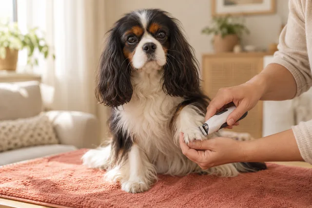 Dog having the fur around its paw trimmed.