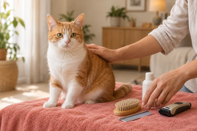 Cat beside a brush, comb and clippers.