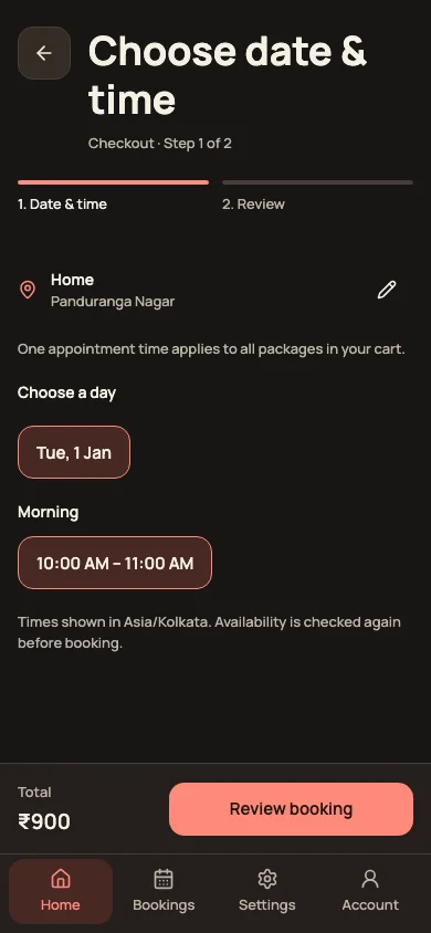 Booking app preview: choosing an available appointment date and time.