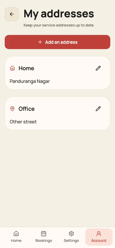 Booking app preview: choosing the address for a home grooming visit.
