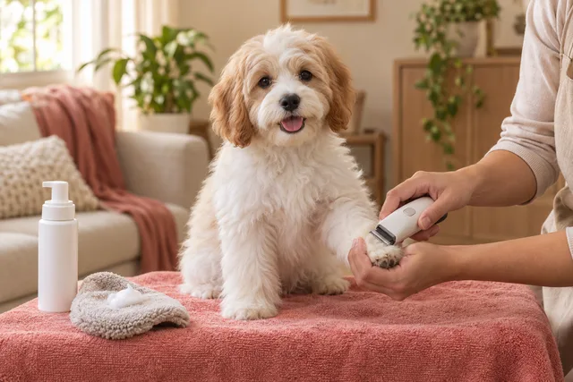 Dog having the fur around its paw trimmed.