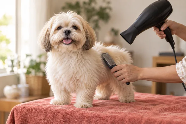 Dog being brushed and blow-dried.