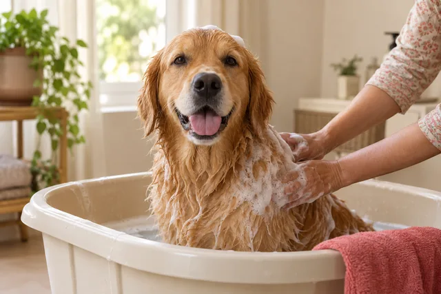Dog being shampooed in a bath.