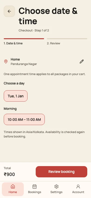 Booking app preview: choosing an available appointment date and time.