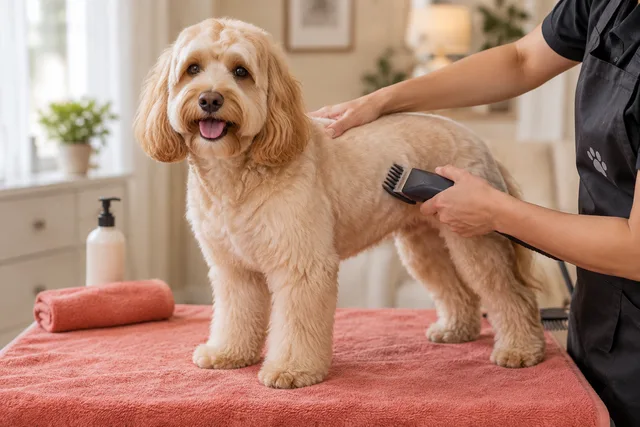 Dog having its body fur trimmed with clippers.